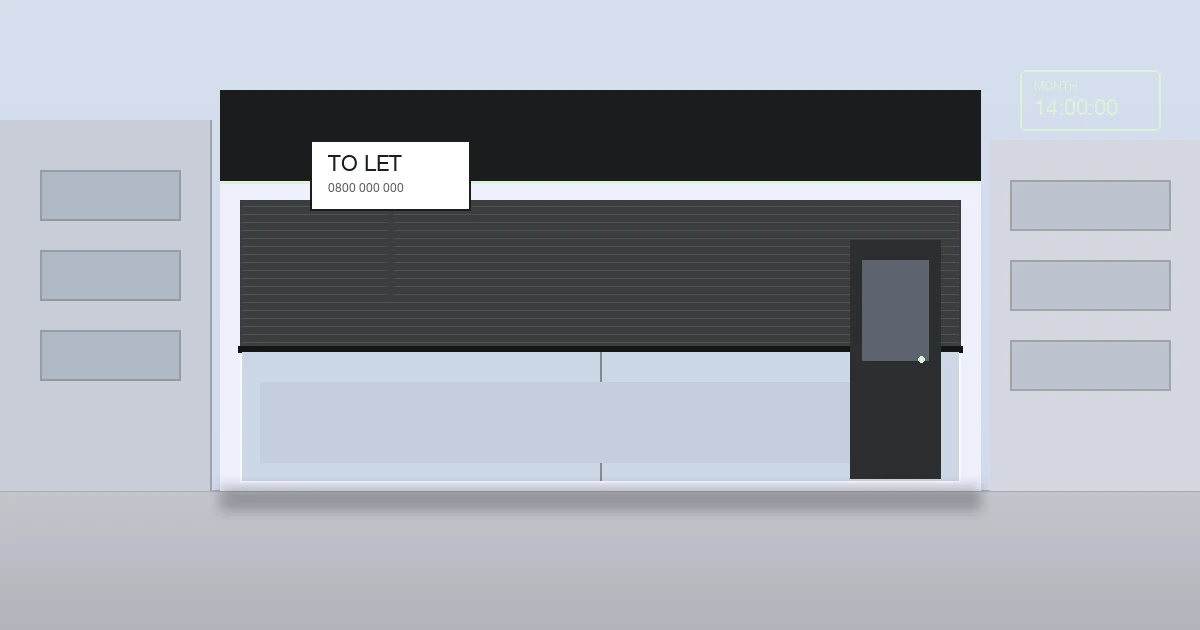 Architectural illustration of a vacant UK shopfront with a half-lowered shutter and To Let board, representing the cashflow cost of a slow appeals system